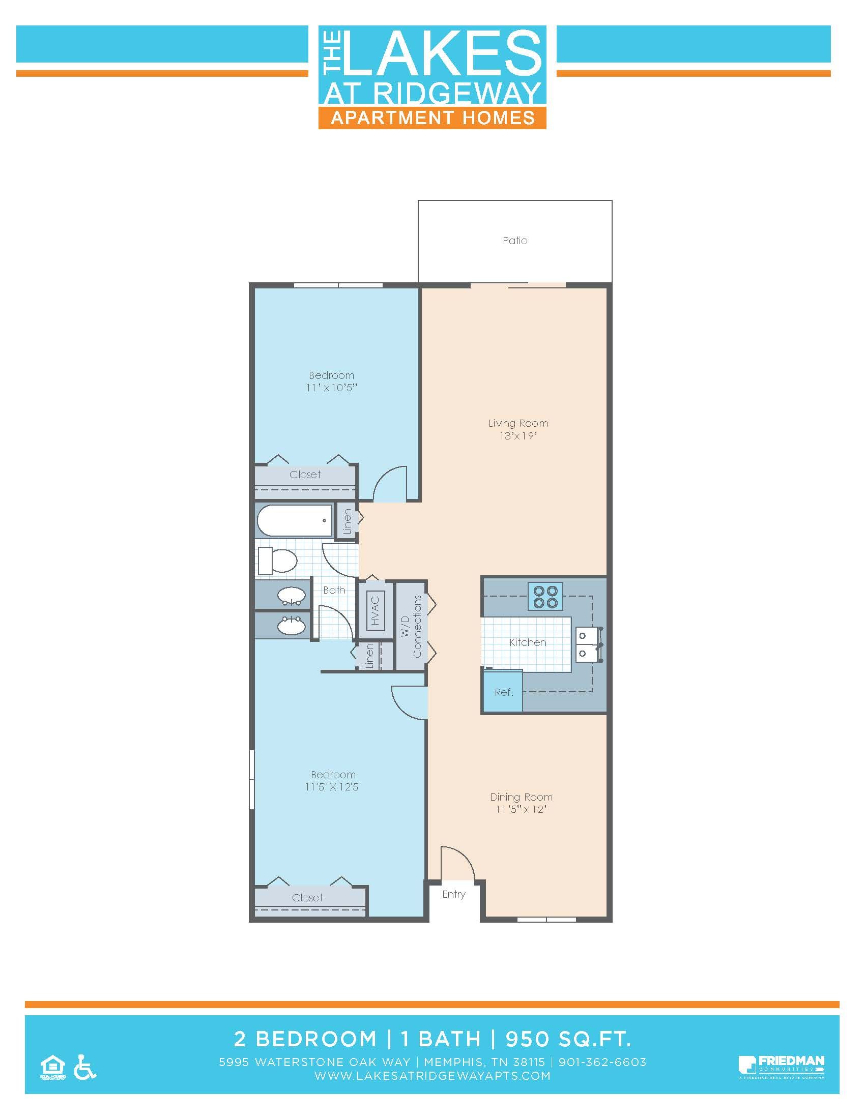 2 Bedroom | 1 Bath | 950 SF -  Floor Plan
