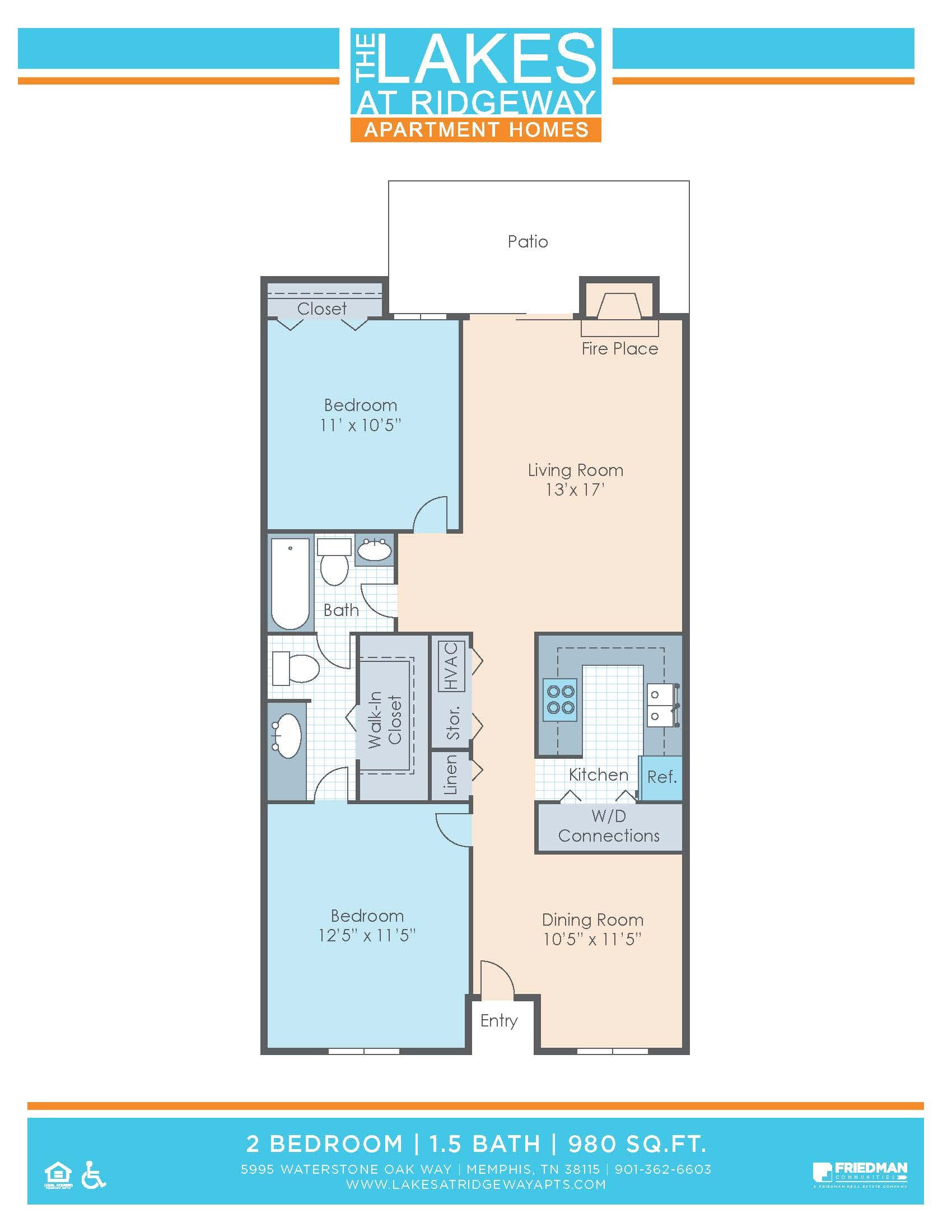 2 Bedroom | 1.5 Bath | 980 SF -  Floor Plan