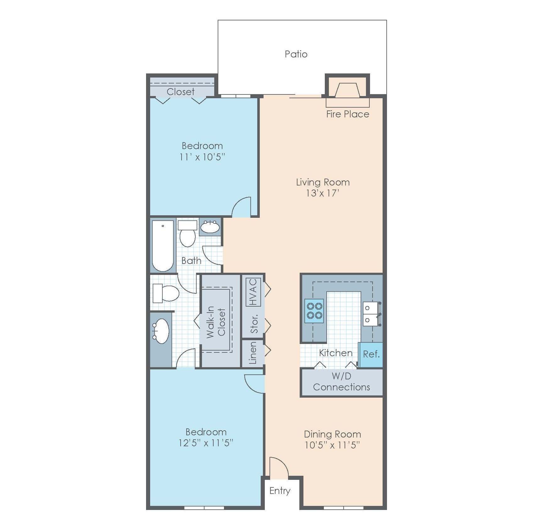 2 Bedroom | 1.5 Bath | 980 SF -  Floor Plan