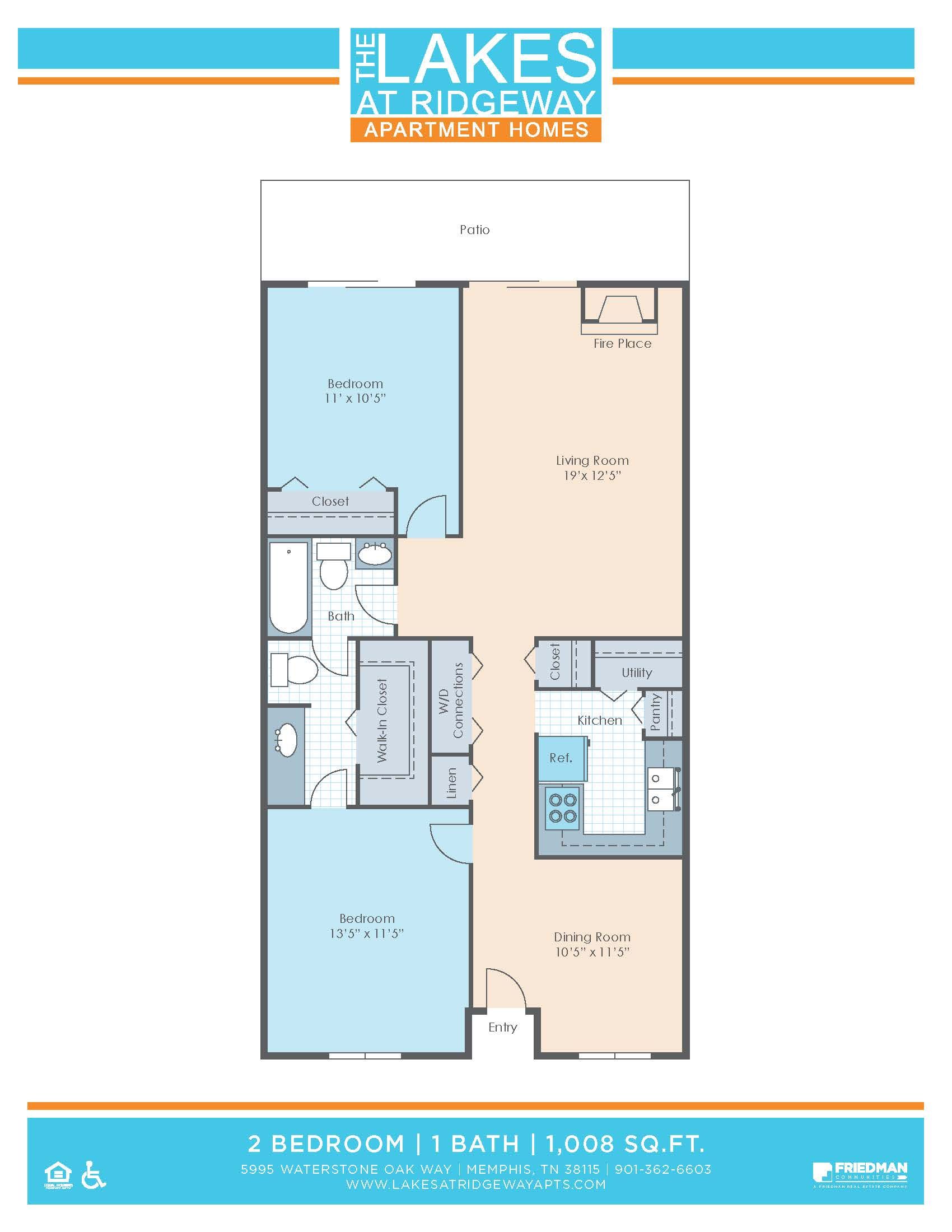 2 Bedroom | 1 Bath | 1008 SF-  Floor Plan