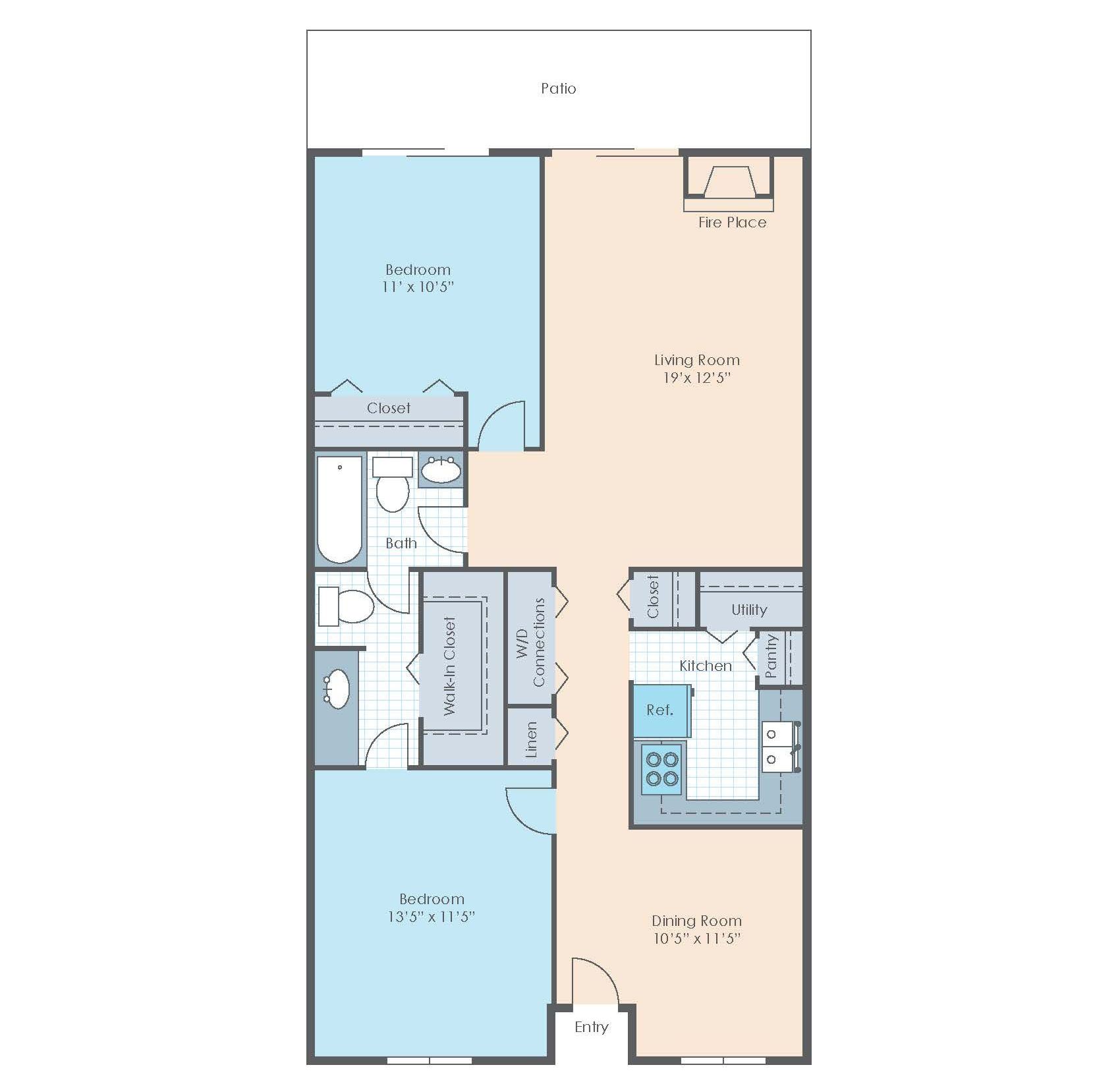 2 Bedroom | 1 Bath | 1008 SF-  Floor Plan