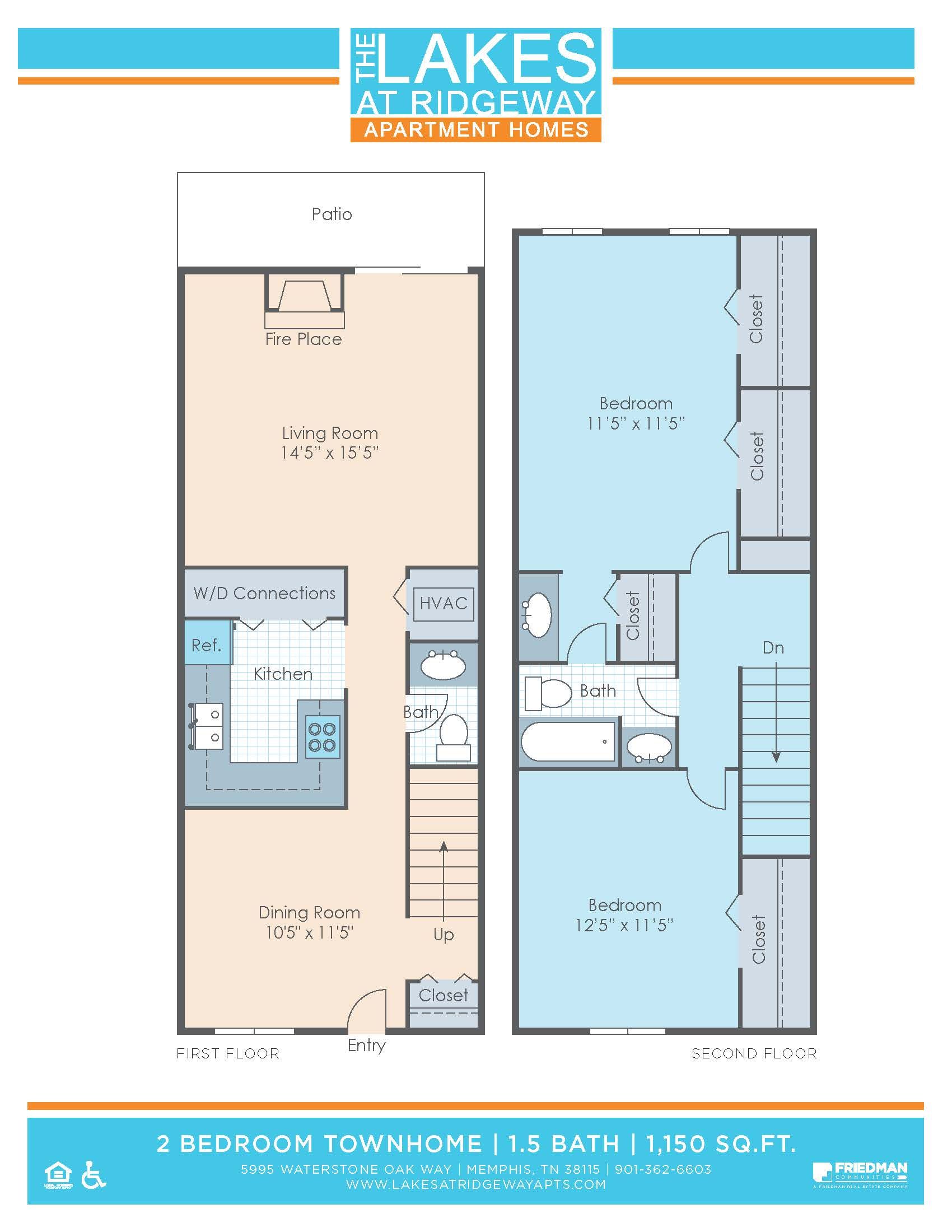 2 Bedroom Townhome | 1.5 Bath | 1150 SF -  Floor Plan