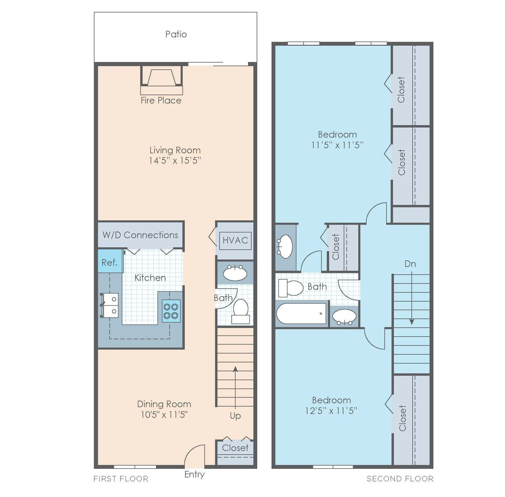 2 Bedroom Townhome | 1.5 Bath | 1150 SF -  Floor Plan