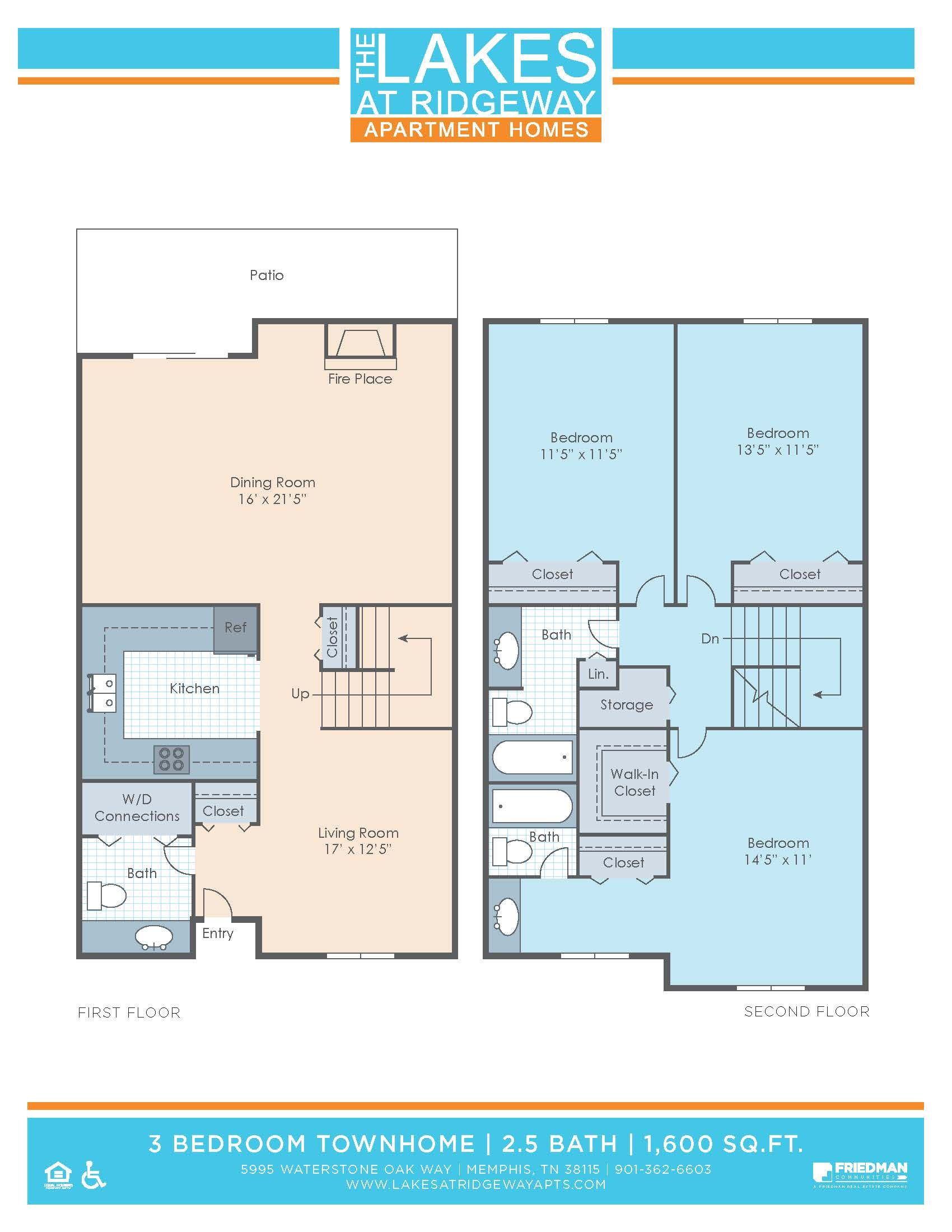 3 Bedroom Townhome | 2.5 Bath | 1600 SF -  Floor Plan