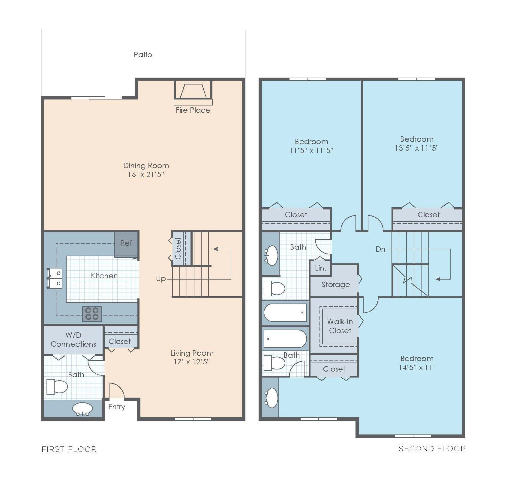 3 Bedroom Townhome | 2.5 Bath | 1600 SF -  Floor Plan