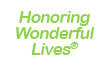 The logo for honoring wonderful lives is green and white.