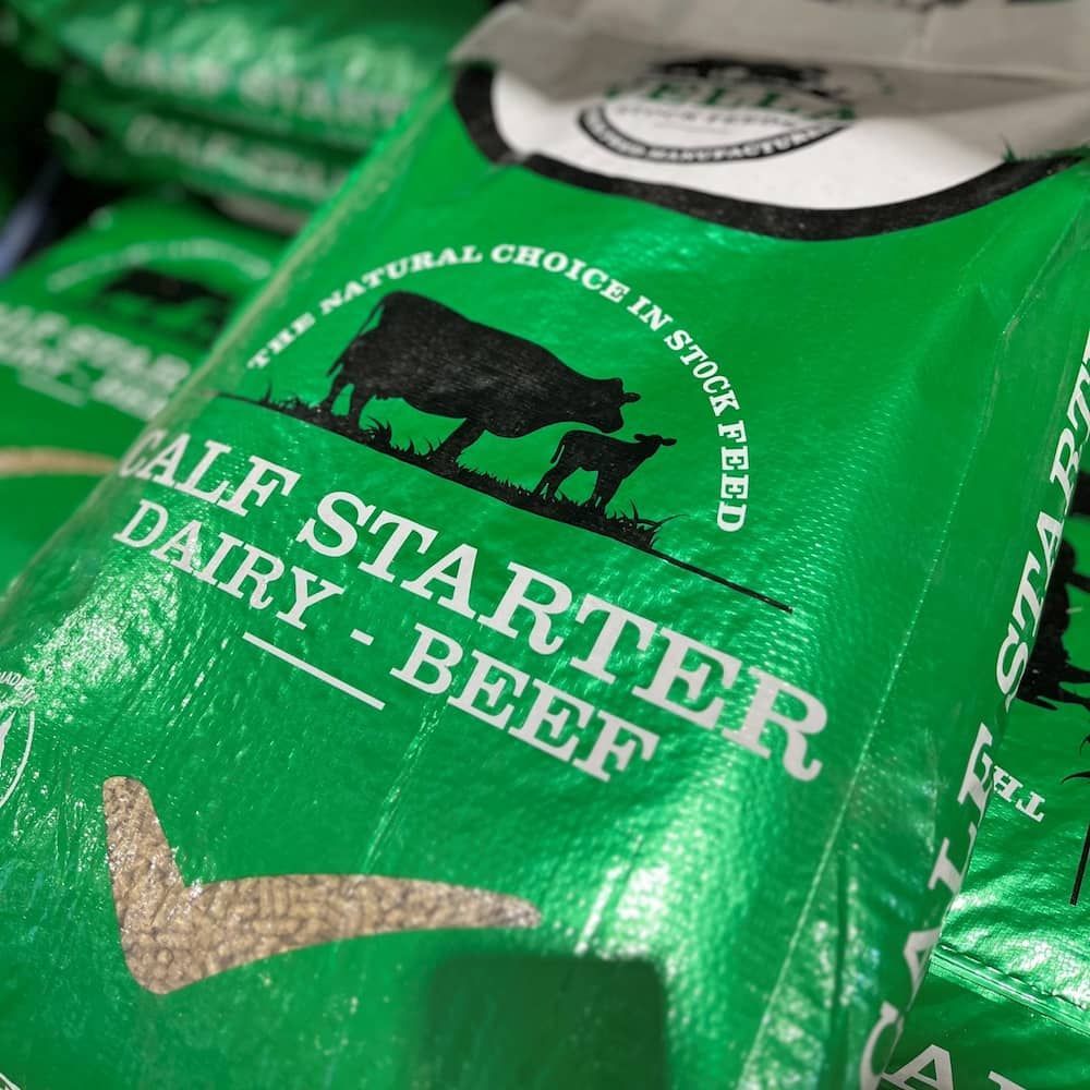Green Calf Starter Feed Bag With Cow and Calf Silhouette, Labelled — Gloucester Rural Supplies in Stroud, NSW