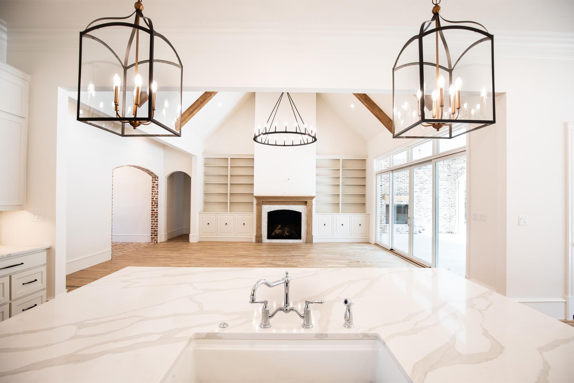 There is a large island in the middle of the kitchen.