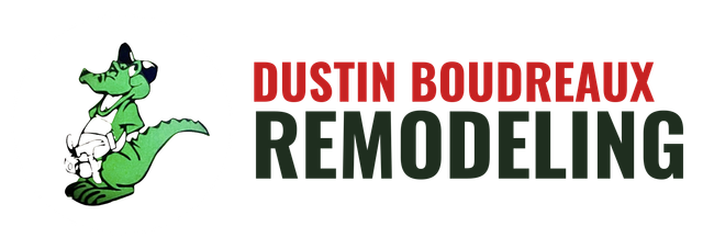 Dustin Boudreaux Remodeling logo with a green cartoon alligator mascot on a white background