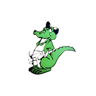 A cartoon alligator wearing a hat and holding a ball