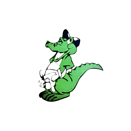 A cartoon alligator wearing a hat and holding a ball