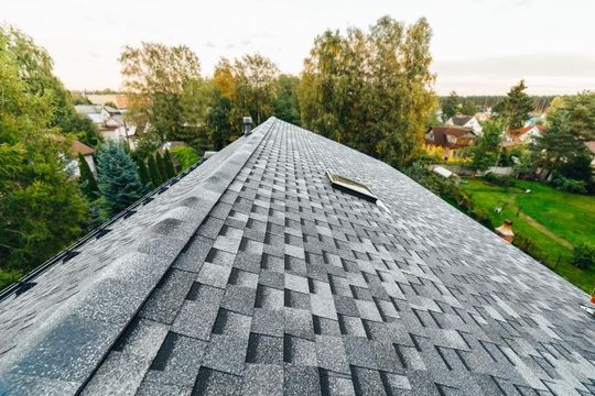 An aerial view of a roof with a skylight and trees in the background.