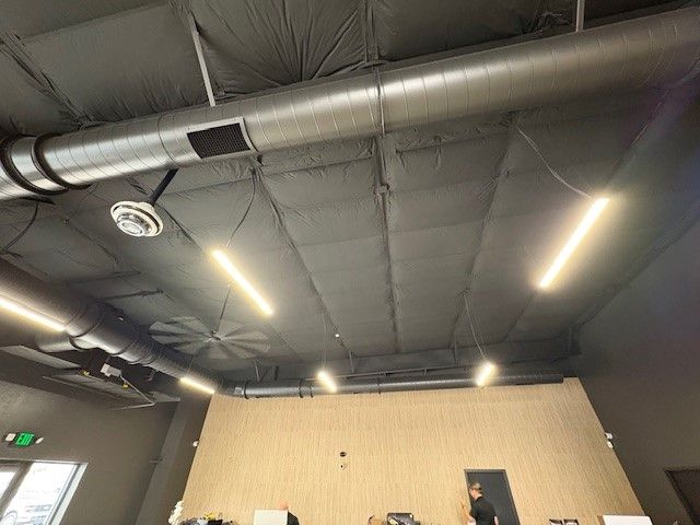 Black ceiling with exposed ductwork and linear lights in an office space.