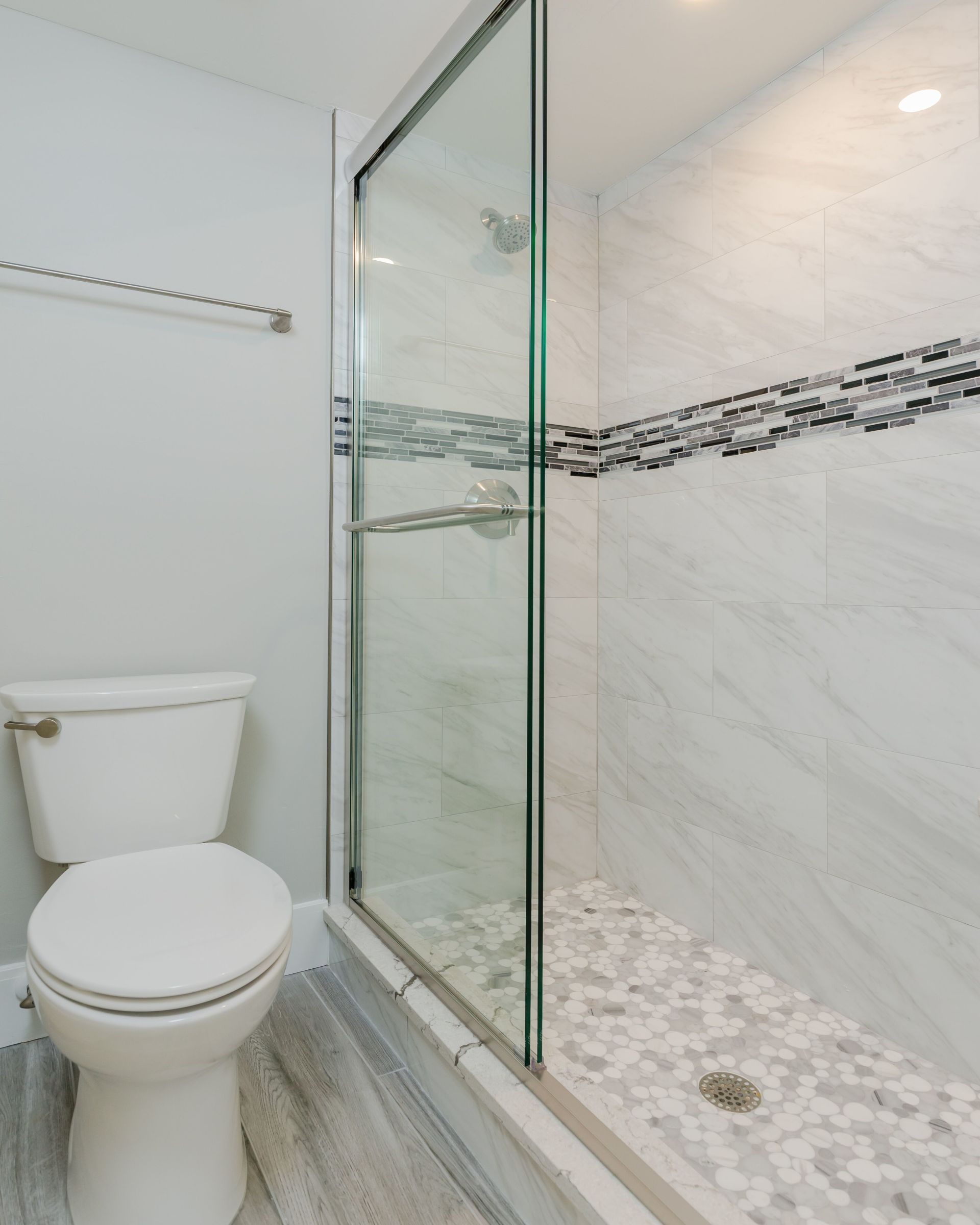 A bathroom with a toilet and a walk in shower