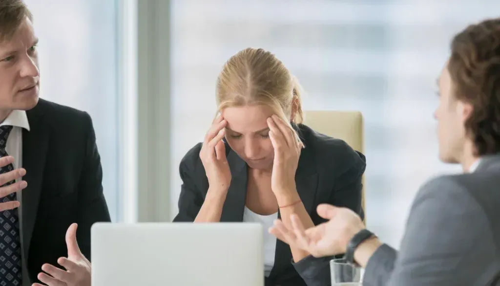 Kvinne i et forretningsmøte med hodepine, flankert av to menn som gestikulerer sint.