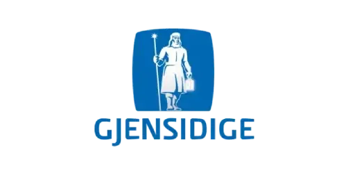 Gjensidige-logo: Et blått skjold med en figur som bærer en stav og en veske, med teksten «GJENSIDIGE» under.