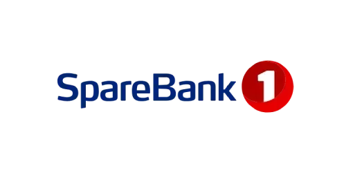 SpareBank 1-logo: mørkeblå tekst, SpareBank, med en rød sirkel som inneholder et hvitt tall 1.