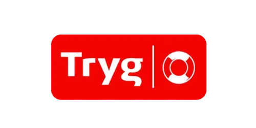 Tryg-logo, rødt rektangel med hvit tekst «Tryg» og et redningsvestikon.