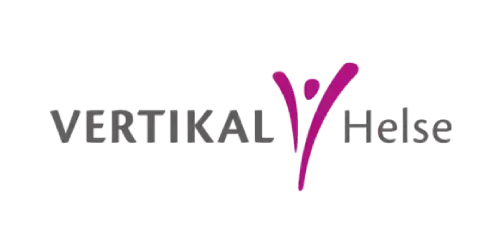 Logo for Vertikal Helse, med teksten «VERTIKAL Helse» ved siden av en lilla figur med hevede armer.