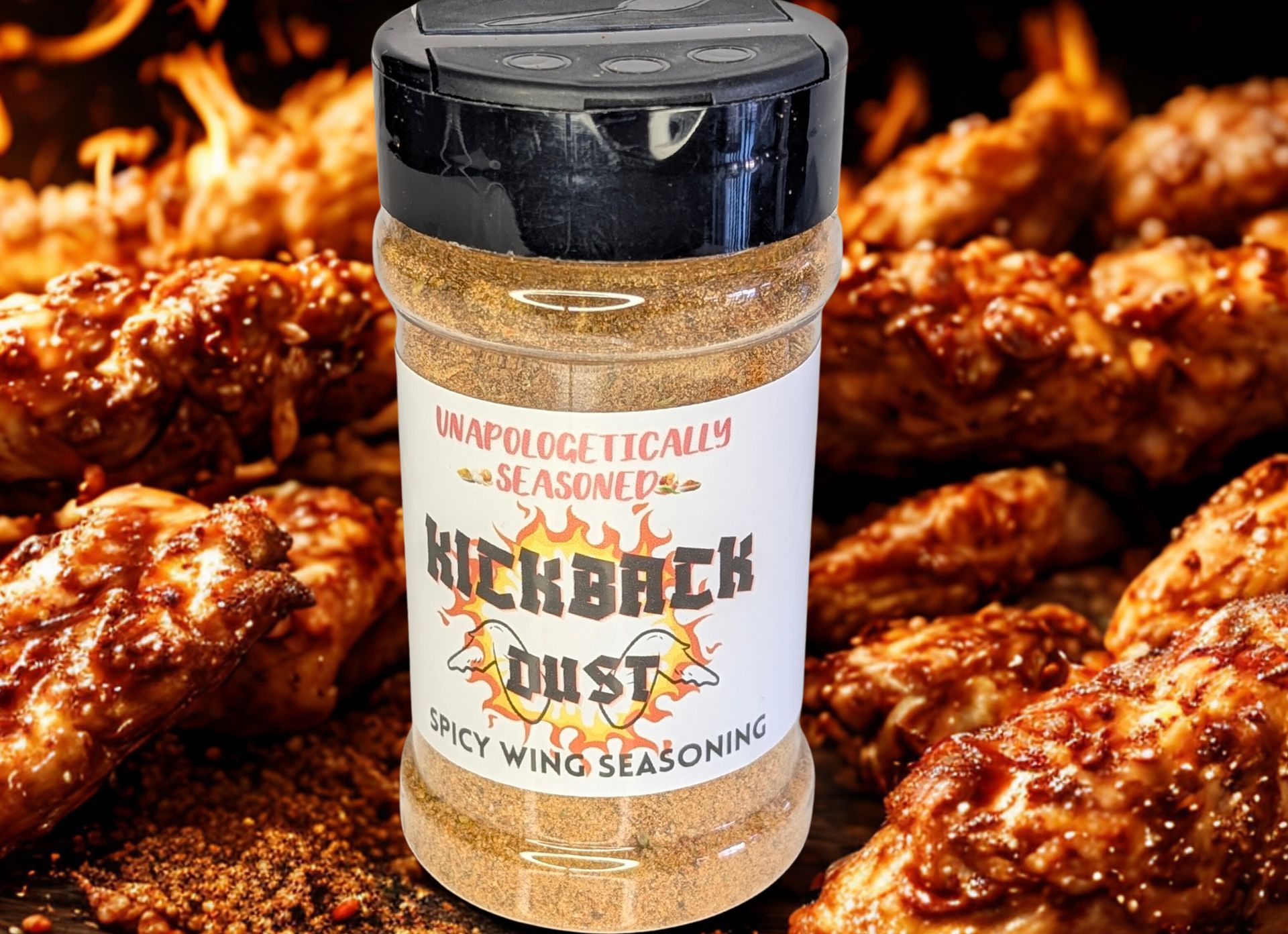 Kickback Dust seasoning with spicy grilled wings