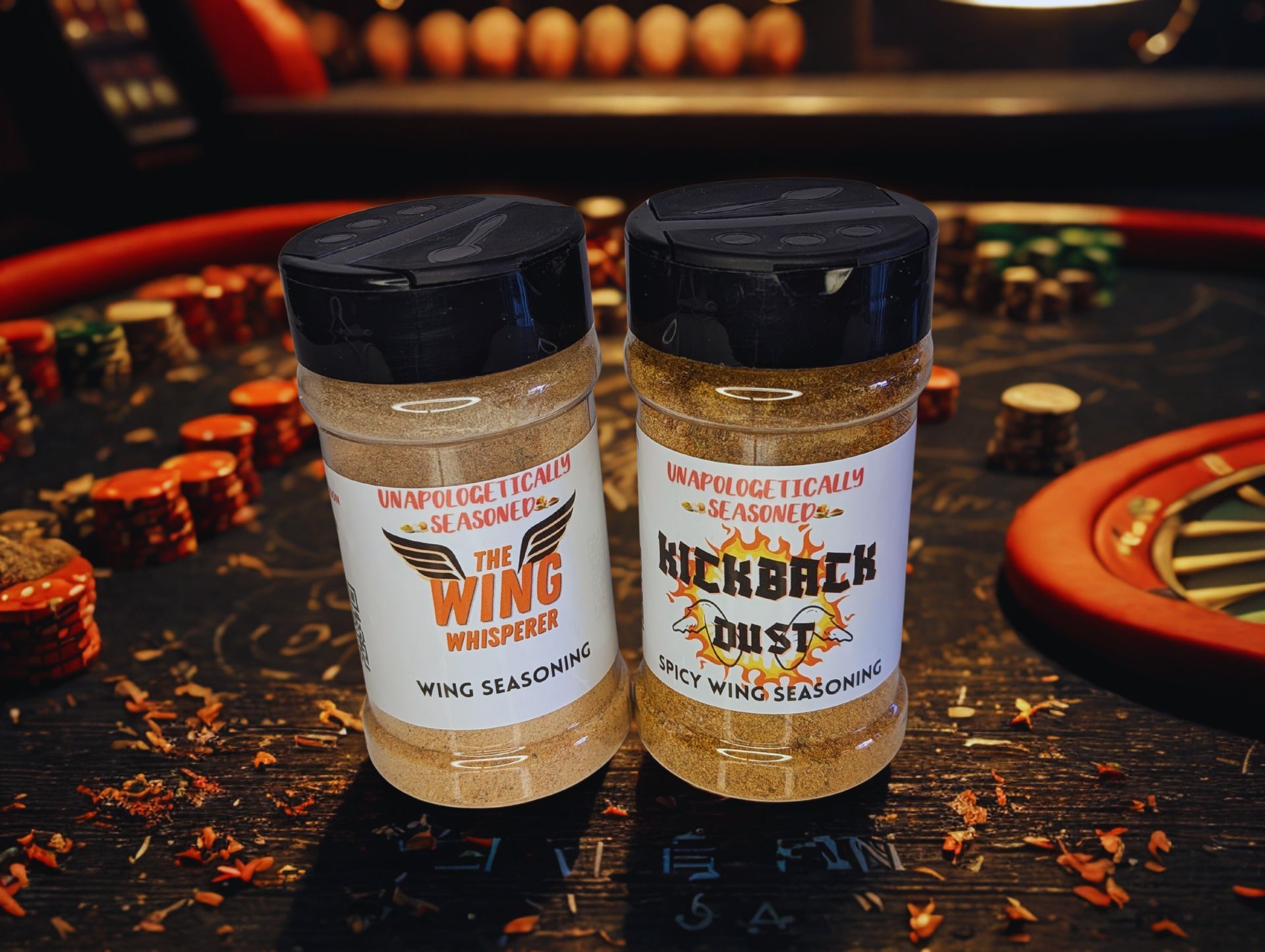 The Wing Whisperer & Kickback Dust seasoning with spicy grilled wings