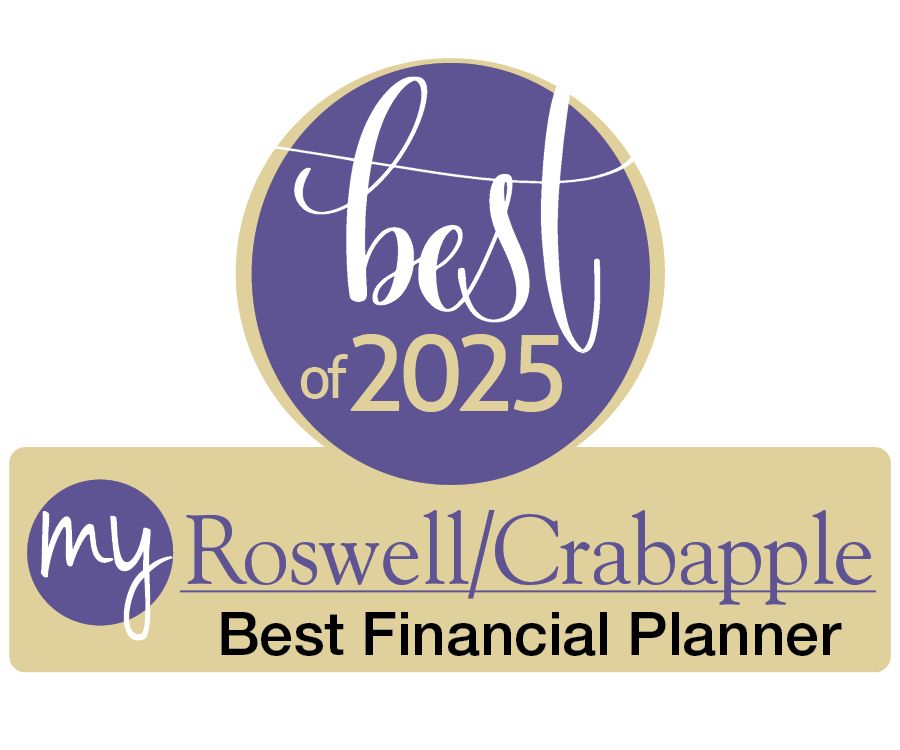Logo declaring "Best Financial Planner" in Roswell/Crabapple for 2025, with a purple circle and gold rectangular background.