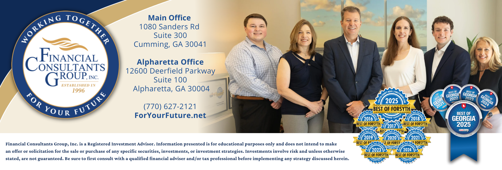 A financial services company team stands together with blue and gold branding and awards.