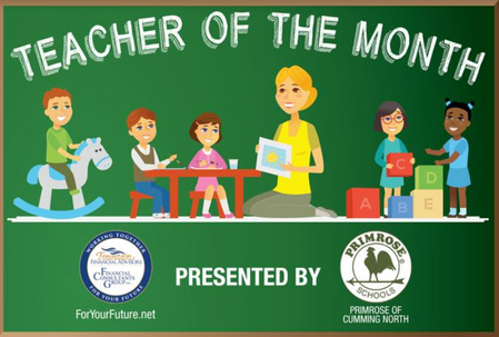 A poster for teacher of the month presented by primrose schools