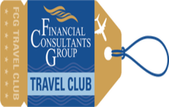 Logo for Financial Consultants Group Travel Club: blue and gold luggage tag with an airplane graphic.