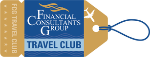 Luggage tag design for the Financial Consultants Group Travel Club, with logo and text on a blue and gold background.