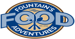 Logo for Fountain's Food Adventures, a food-related business. Features blue text on a beige background with utensils.