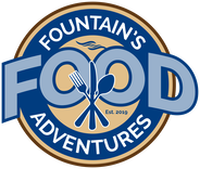 Logo for Fountain's Food Adventures. Blue and tan circle with the words 