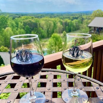Two glasses of wine are sitting on a table with a view of a forest.