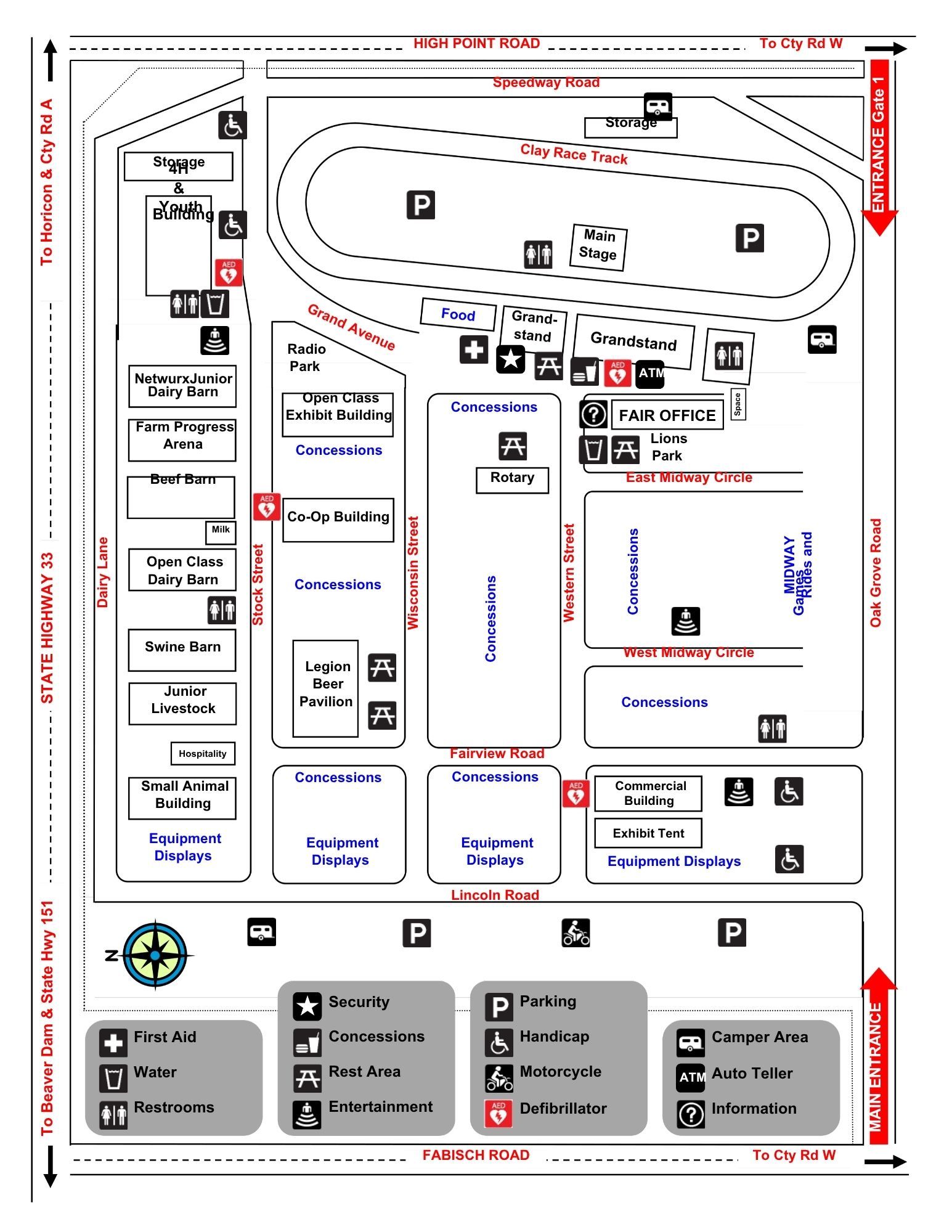 Map-like site layout with labeled sections, pathways, and red directional arrows around the perimeter