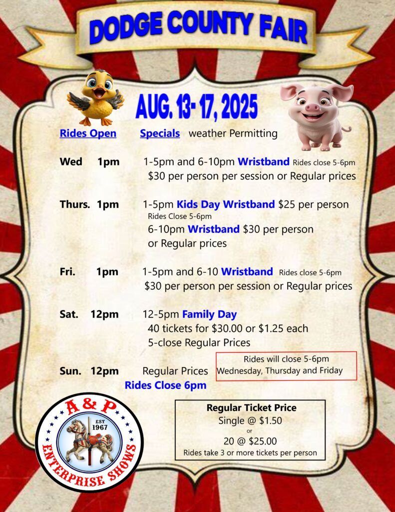 Dodge County Fair poster with dates, daily events, and ticket prices on a red-and-cream striped background