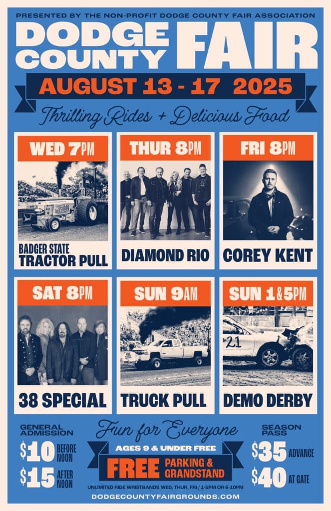 Dodge County Fair poster, Aug. 13–17, 2025, with tractor pull, rodeo, demo derby, and truck pull schedule