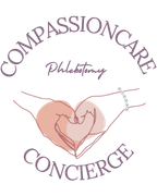 Logo: "CompassionCare Concierge" with hands forming heart, phlebotomy services.
