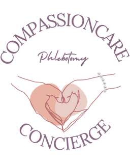 Logo: "CompassionCare Concierge" with hands forming heart, phlebotomy services.