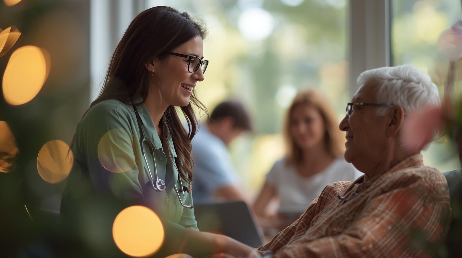 Doctor talking to an older person in a home setting; soft lighting, other people in the background.