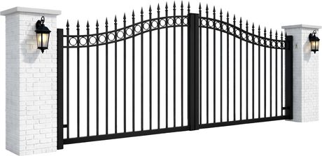 A metal gate with a stone pillar surrounding it on a white background.