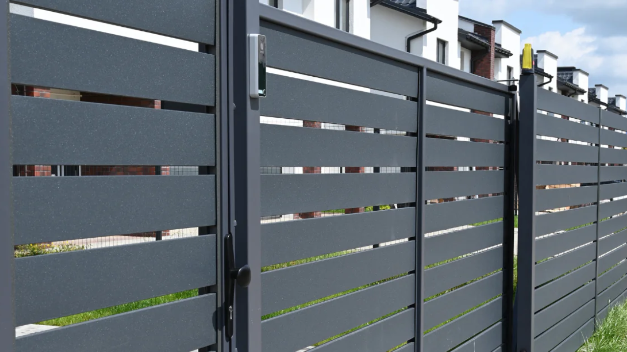 Gray horizontal slat fence and gate in front of a house.