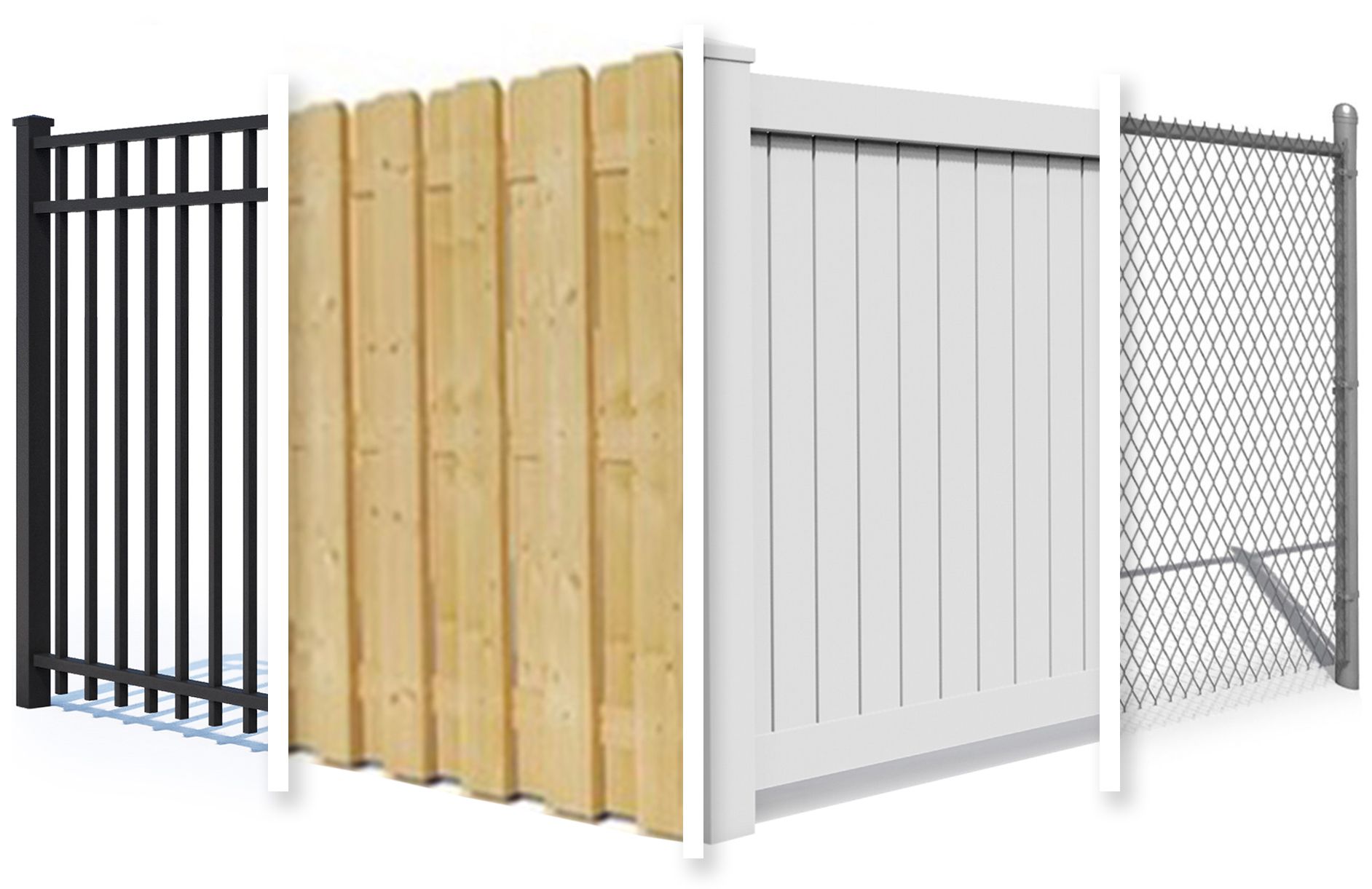 A wooden fence , a white fence , a black fence , and a chain link fence.