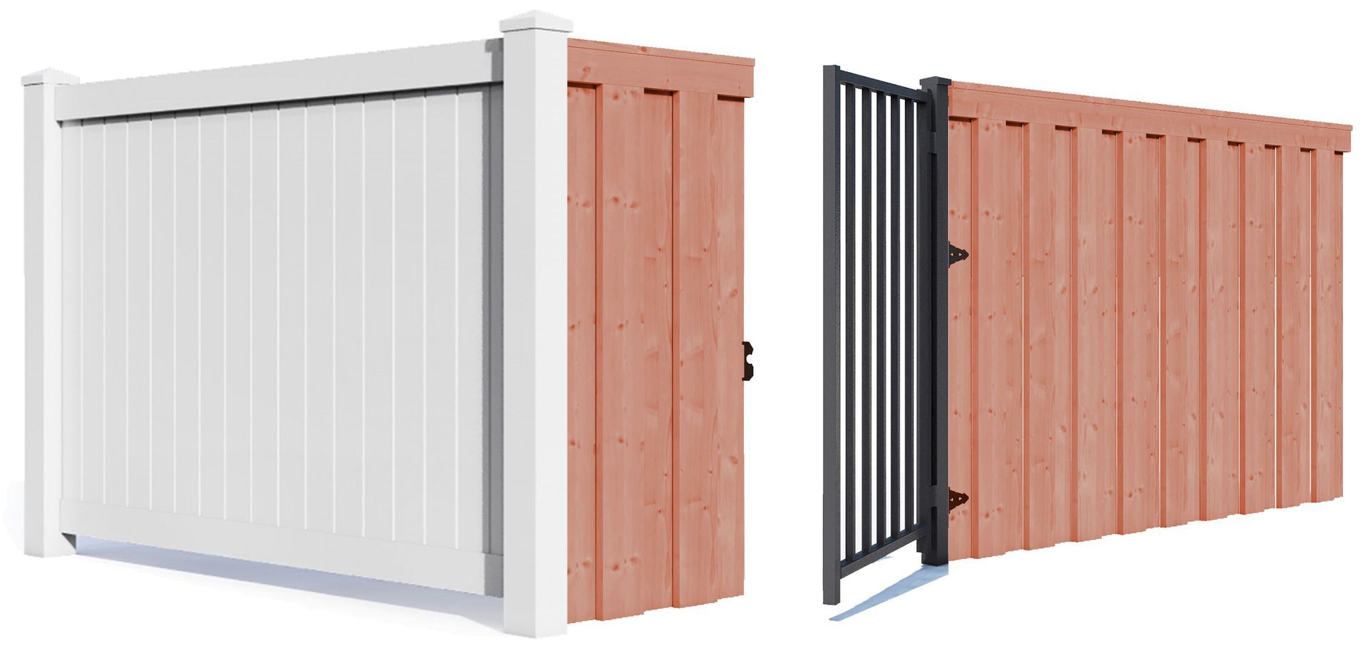 A white fence and a wooden fence with a gate.