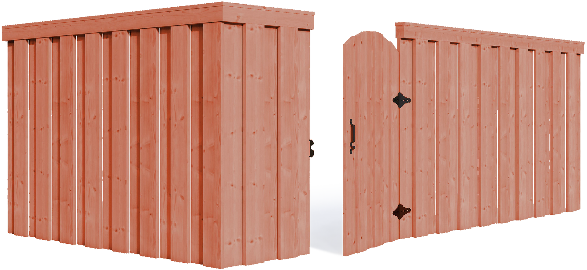 A red wooden fence and a red wooden gate on a white background