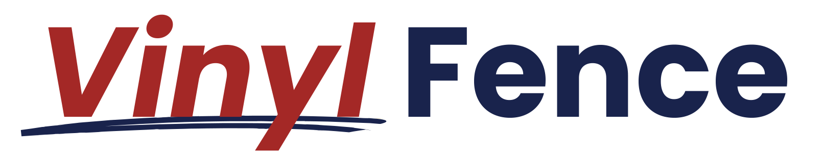A red and blue logo for vinyl fence on a white background