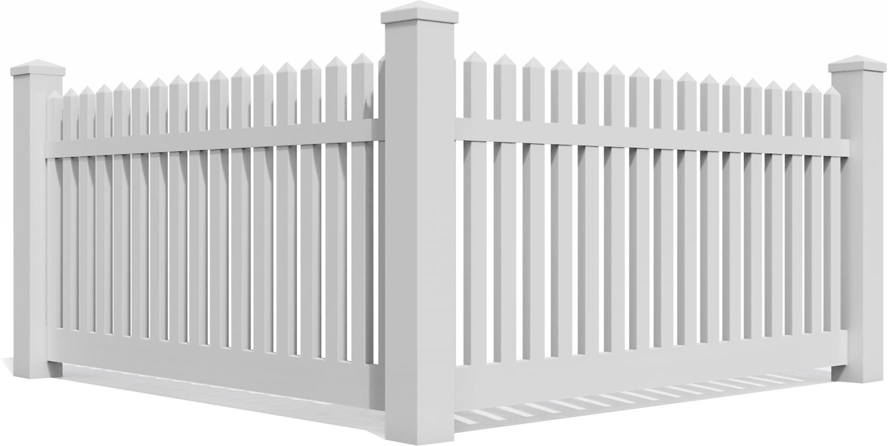 A white picket fence is shown on a white background.