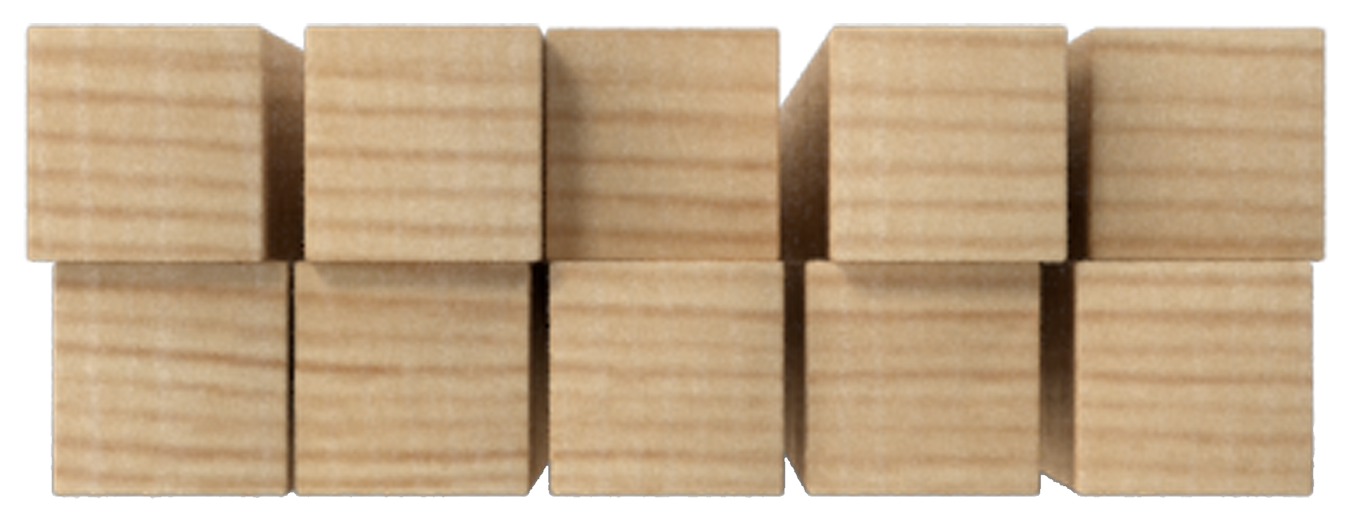 A row of wooden blocks stacked on top of each other on a white background.