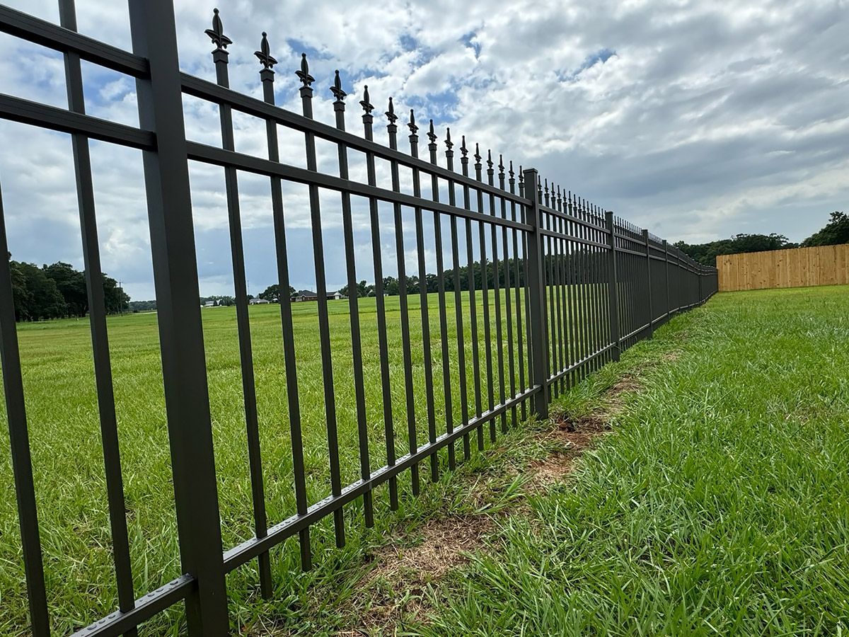 Black metal fence bordering a green grassy field under a cloudy sky.