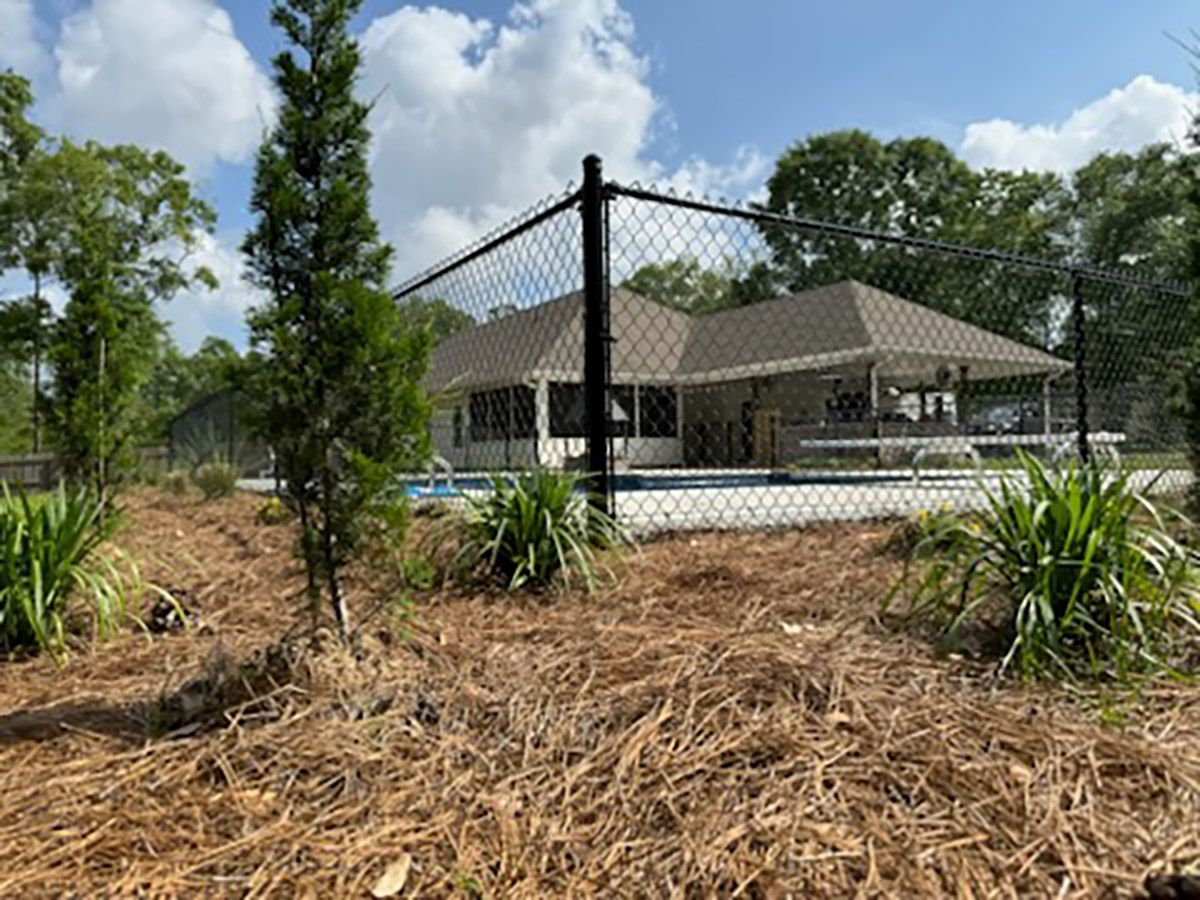 Pool and house behind a black fence, surrounded by trees and plants, under a cloudy sky.