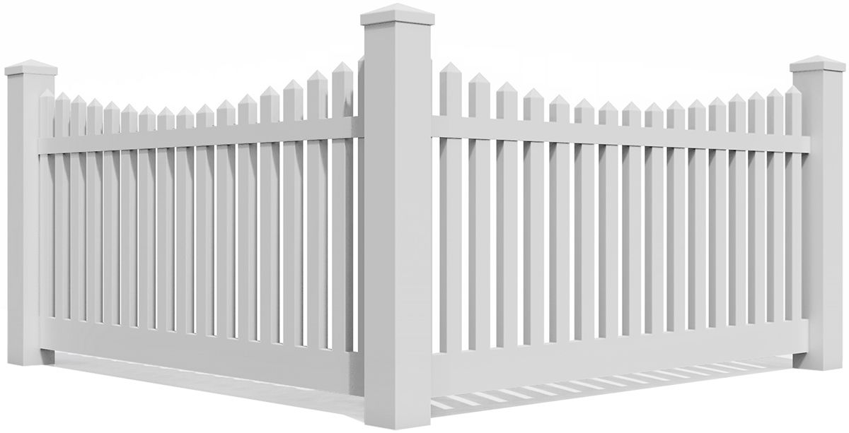 A white picket fence is shown on a white background.